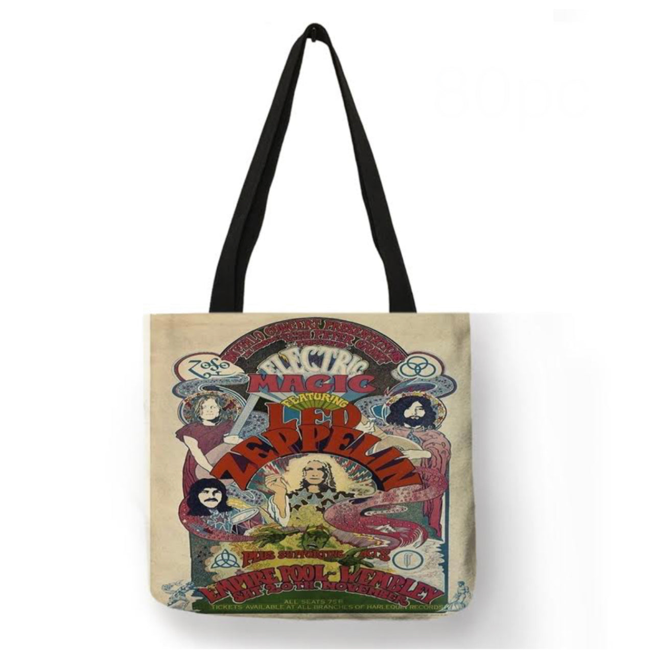new electric magic featuring led zeppelin canvas tote bags image is printed on both sides women unisex tote bag music men classic rock apparel handbag