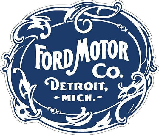 New ’Ford Motor Co. Detroit Mich.’ Vintage Logo Embossed Metal Sign. 17’’ Wide x 14.5’’ Tall. - Shaped Signs