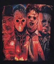 Load image into Gallery viewer, New ’Freddy Krueger Jason Voorhees Leatherface Michael Myers’ Unisex Silkscreen T-Shirt. Available From Small-2XL.
