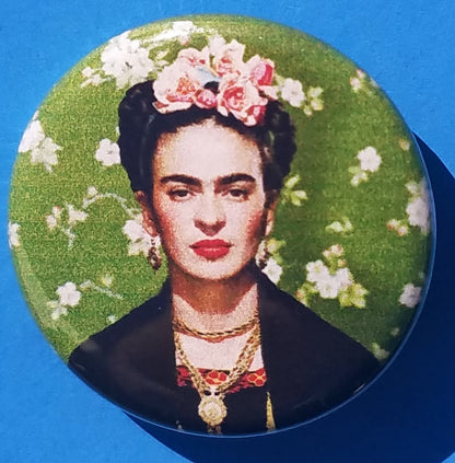 new frida kahlo button set of 4 fashion buttons are 1.25 inches in size Set Includes Frida As A Kid Frida on Green With Flowers Frida With White Background Frida Up Close With Flowers mexican style movies pinback