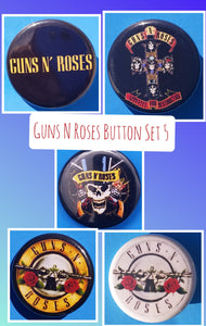 new guns n roses button set of 5 fashion buttons are 1.25 inches in size Set Includes Guns N Roses Appetite For Destruction Guns N Roses Double Gun On Black Guns N Roses Double Gun On White Guns N Roses Slash Skull With Double Gun Guns N Roses Yellow Logo On Black hard rock music pinback