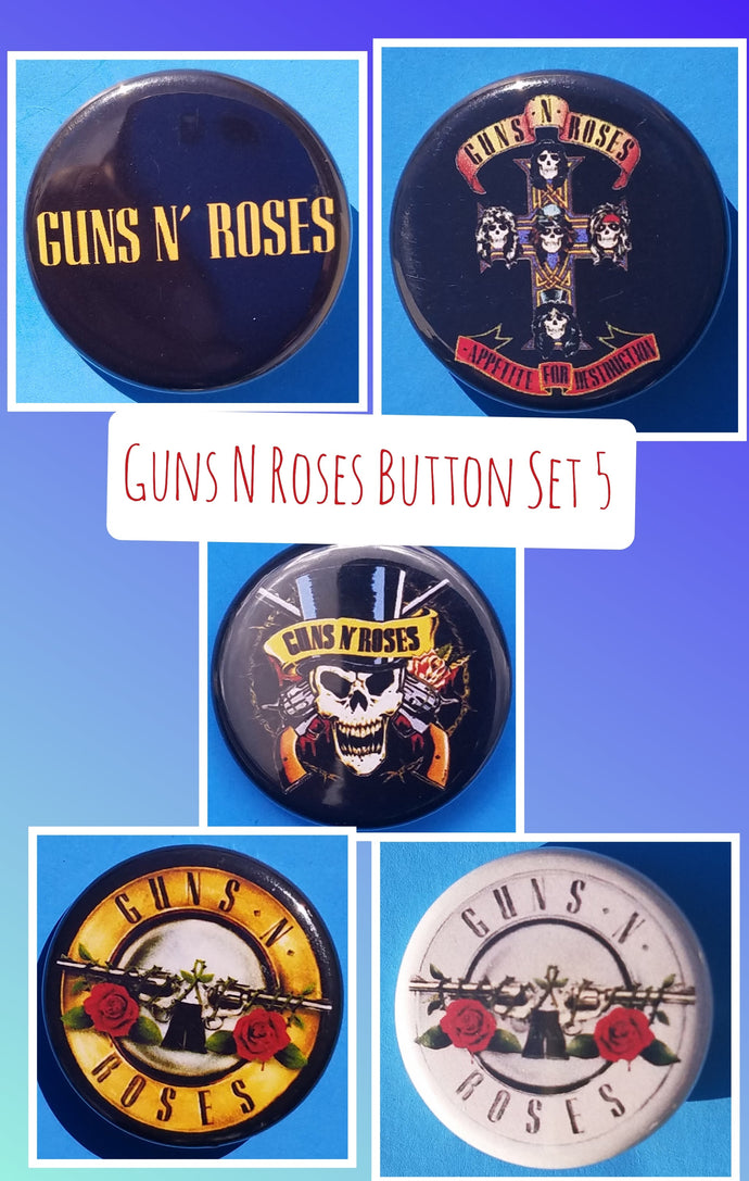new guns n roses button set of 5 fashion buttons are 1.25 inches in size Set Includes Guns N Roses Appetite For Destruction Guns N Roses Double Gun On Black Guns N Roses Double Gun On White Guns N Roses Slash Skull With Double Gun Guns N Roses Yellow Logo On Black hard rock music pinback