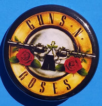 Load image into Gallery viewer, new guns n roses button set of 5 fashion buttons are 1.25 inches in size Set Includes Guns N Roses Appetite For Destruction Guns N Roses Double Gun On Black Guns N Roses Double Gun On White Guns N Roses Slash Skull With Double Gun Guns N Roses Yellow Logo On Black hard rock music pinback
