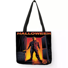 Load image into Gallery viewer, new halloween michael myers in doorway canvas tote bags image is printed on both sides women unisex totebag movie men horror apparel handbags
