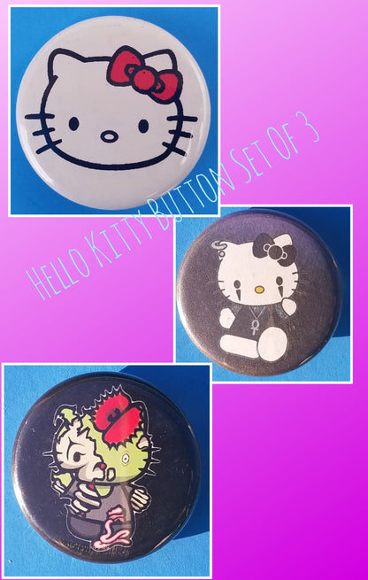 new hello kitty button set of 3 fashion buttons are 1.25 inches in size Set Includes Hello Kitty Emo Hello Kitty Face Hello Kitty Zombie tv skeleton girl collection cartoon pinback