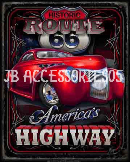 new historic route 66 americas highway man cave wall art metal sign 12.5width x 16height decor trucks transportation cars auto novelty