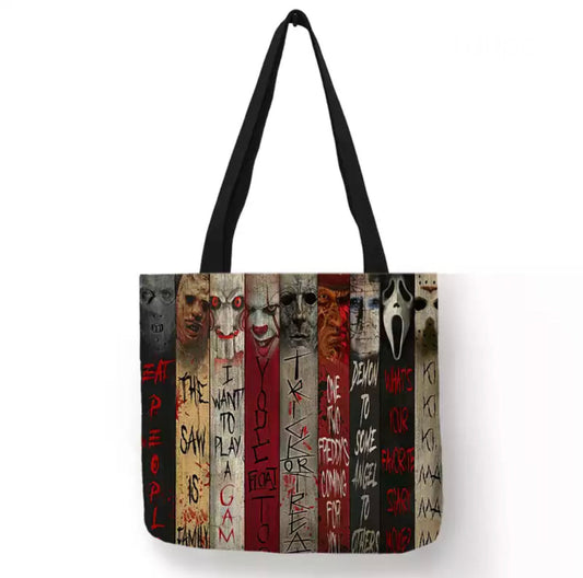new horror collage famous sayings canvas tote bags image is printed on both sides unisex scream pinhead halloween jugsaw jason horror hellraiser freddy krueger hannibal movies