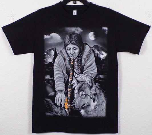 New ’Indian Smoking Long Pipe With Wolf’ Unisex Silkscreen T-Shirt. Available From Small-3XL. - Small - Men’s Short