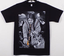 Load image into Gallery viewer, New ’Indian Smoking Long Pipe With Wolf’ Unisex Silkscreen T-Shirt. Available From Small-3XL. - Small - Men’s Short
