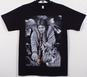 New ’Indian Smoking Long Pipe With Wolf’ Unisex Silkscreen T-Shirt. Available From Small-3XL. - Small - Men’s Short