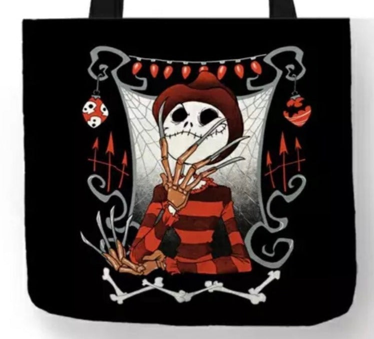 new jack skellington as freddy canvas tote bags image is printed on both sides women unisex movies men apparel jack skellington freddy krueger handbags