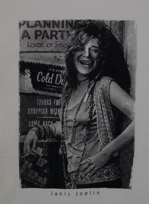 new janis joplin smiling mens silkscreen t-shirt available from small-2xl women unisex music men classic rock apparel adult shirts tops