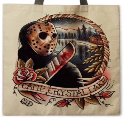 new jason chrystal lake canvas tote bags image is printed on both sides women unisex movie men jason voorhees horror crystal lake apparel handbags