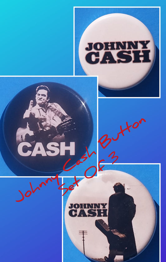 new johnny cash button set of 3 fashion buttons are 1.25 inches in size Set Include Johnny Cash With Guitar Johnny Cash Logo On White Johnny Cash Middle Finger tv music movie collection pinback