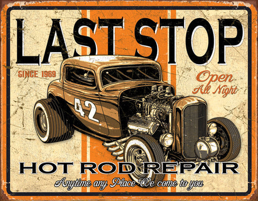 new last stop hot rod repair open all night man cave wall art shop metal sign 12.5width x 16height decor trucks transportation mopar general motors ford cars auto novelty