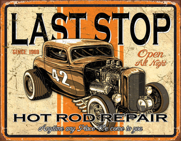new last stop hot rod repair open all night man cave wall art shop metal sign 12.5width x 16height decor trucks transportation mopar general motors ford cars auto novelty