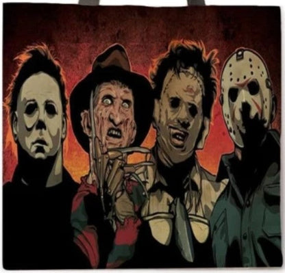 new leading men michael freddy leatherface jason canvas tote bags image is printed on both sides women unisex movie men michael meyers leatherface jason vorhees horror freddy krueger apparel handbags