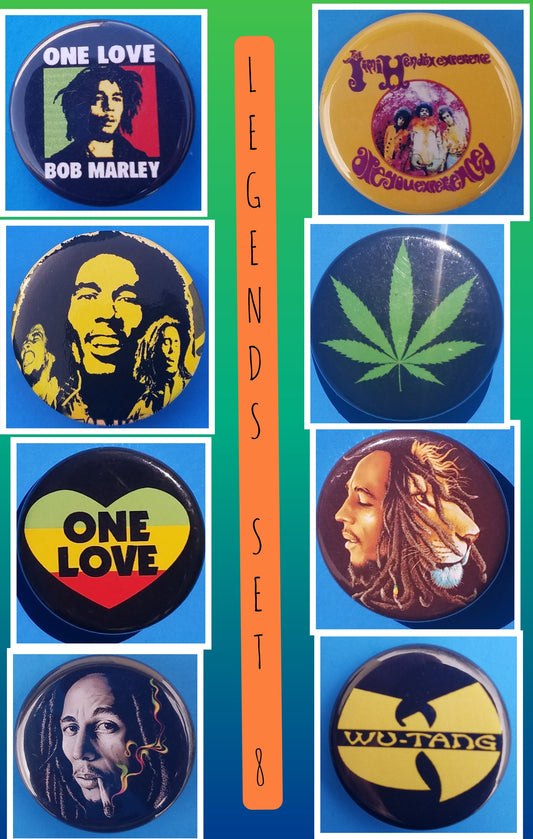 new legends button set of 8 fashion buttons are 1.25 and 1.50 inches in size Set Includes Half Bob Half Lion Bob Marley One Love Rasta Smoke Yellow Faces Jimi Hendrix Experience Reggae One Love Heart Weed Leaf Wu-Tang Symbol