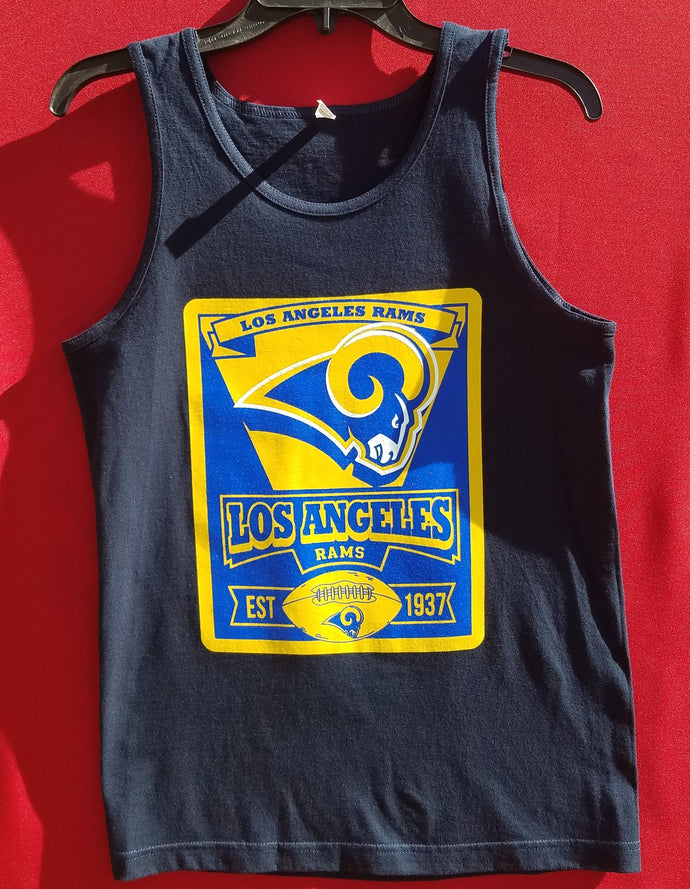 new los angeles rams flag mens silkscreen tank top image is on the front of the shirt available in small-3xl tank top sports rams men football apparel adult shirts tops