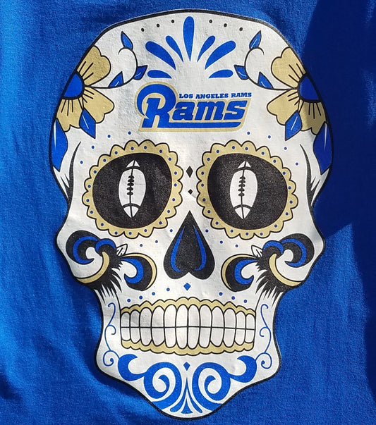 new los angeles rams sugarskull mens silkscreen t-shirt image is on the front of the shirt available in small-3xl t-shirts sports rams men football apparel adult shirts tops