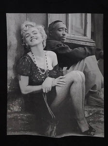 new marilyn monroe tupac sitting together mens silkscreen t-shirt available from small-3xl women men unisex vintage hollywood music rap hip hop movies apparel adult shirts tops