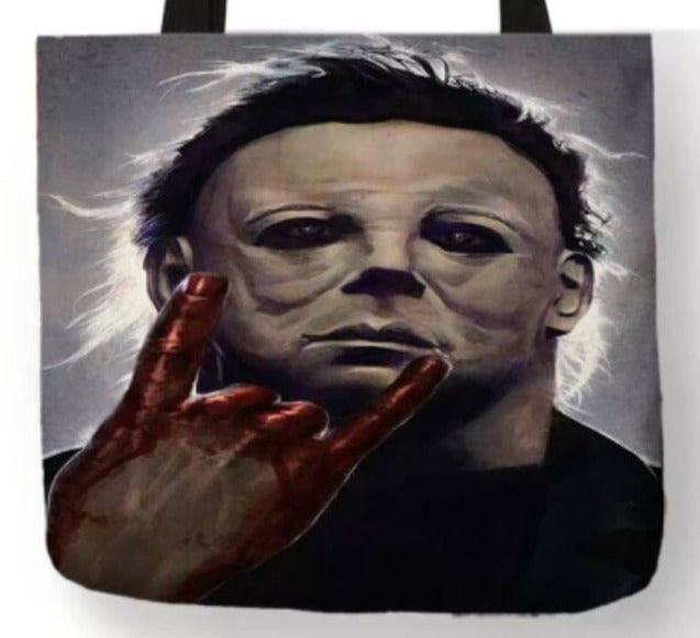 new michael myers bloody hand missing finger canvas tote bags image is printed on both sides women unisex movies tote bag men horror halloween apparel handbags