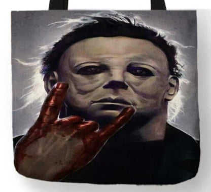new michael myers bloody hand missing finger canvas tote bags image is printed on both sides women unisex movies tote bag men horror halloween apparel handbags