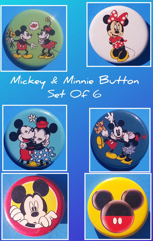new mickey minnie button set of 6 fashion buttons are 1.25 inches in size Set Includes Mickey Minnie Hearts Flowers Mickey Minnie Hugging Mickey Minnie Kissing Mickey Mouse Looking Over Mickeys Backside Minnie Mouse movie cartoon collection disney pinback