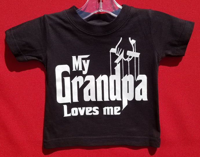 new my grandpa loves me godfather themed infant silkscreen t-shirt available in 6 12 18 24 months unisex kids infant girl boy apparel baby toddler tops