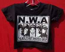 Load image into Gallery viewer, new n w a the worlds most dangerous group infant silkscreen t-shirt available in 6 12 18 24 months yella girl unisex rap music movie boy kids baby mc ren ice cube eazy e dr dre apparel toddler shirts tops
