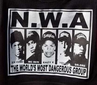 new n w a the worlds most dangerous group infant silkscreen t-shirt available in 6 12 18 24 months yella girl unisex rap music movie boy kids baby mc ren ice cube eazy e dr dre apparel toddler shirts tops
