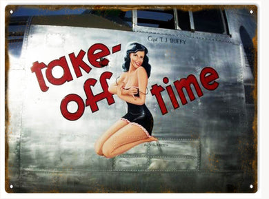 new nose art take off time nostalgic airplane pin up picture metal sign 9 x 12 wall decor pin up girls aviation airplane .040 gauge sheet metal novelty