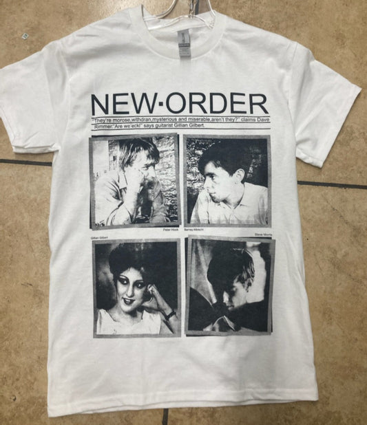 White New Order band t-shirt featuring four black-and-white images of band members – Adult Unisex Silkscreen