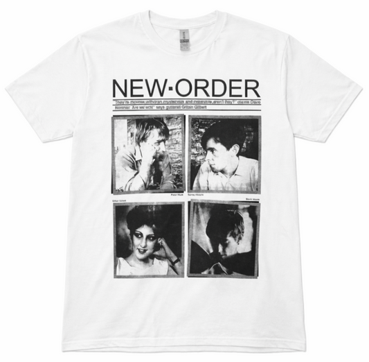 White New Order band t-shirt featuring four black-and-white images of band members – Adult Unisex Silkscreen