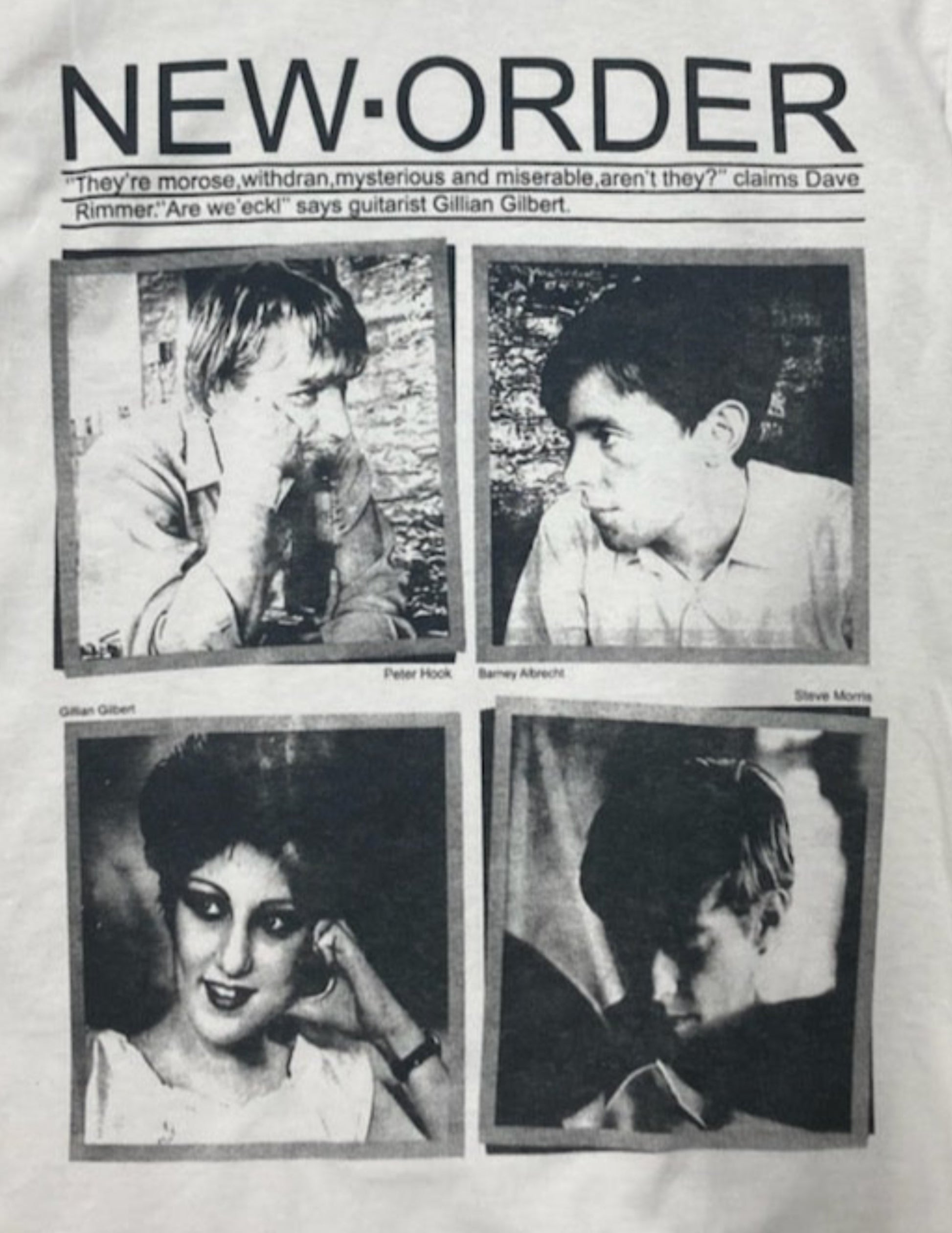 White New Order band t-shirt featuring four black-and-white images of band members – Adult Unisex Silkscreen