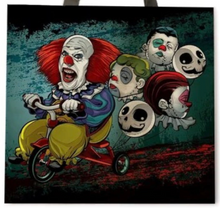 Load image into Gallery viewer, New ’Pennywise Riding Tricycle With 5 Balloon Heads In Tow’ Canvas Tote Bags. Image Is Printed On Both Sides. - Handbags

