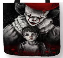 Load image into Gallery viewer, new pennywise with annabelle canvas tote bags image is printed on both sides women unisex tote bag movie men horror apparel handbags annabelle conjuring
