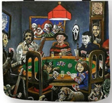 Load image into Gallery viewer, new poker playing horror squad canvas tote bags image is printed on both sides women unisex horror men movie apparel handbags leatherface jason freddy chucky gremlin handbags
