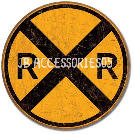 new railroad train crossing vintage distressed man cave wall art shop metal sign 11.75 round wall decor transportation train lionel legacy train novelty