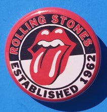 Load image into Gallery viewer, new rolling stones buttons set of 9 buttons are 1.25 inches in size set includes usa flag silver tongue on white red on black neon mexican flag flame established 1962 on black collection music classic rock
