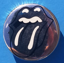 Load image into Gallery viewer, new rolling stones buttons set of 9 buttons are 1.25 inches in size set includes usa flag silver tongue on white red on black neon mexican flag flame established 1962 on black collection music classic rock
