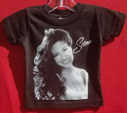 new selena with white writing infant silkscreen t-shirt available in 6 12 18 24 months unisex selena music movie mexican style kids infant girl boy apparel tejano baby toddler tops