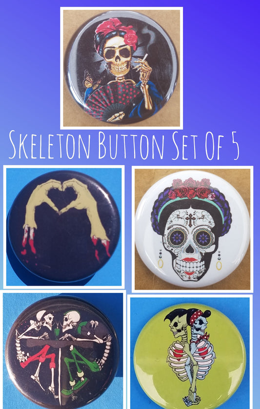 new skeleton button set of 5 fashion buttons are 1.25 inches in size Set Includes Frida Kahlo Smoking Skull Frida Kahlo Sugaskull Skull Skeleton Couple Back To Back Color Chartreuse Skeleton Couple Drinking Zombie Heart Hands drinking collection buttons pinback