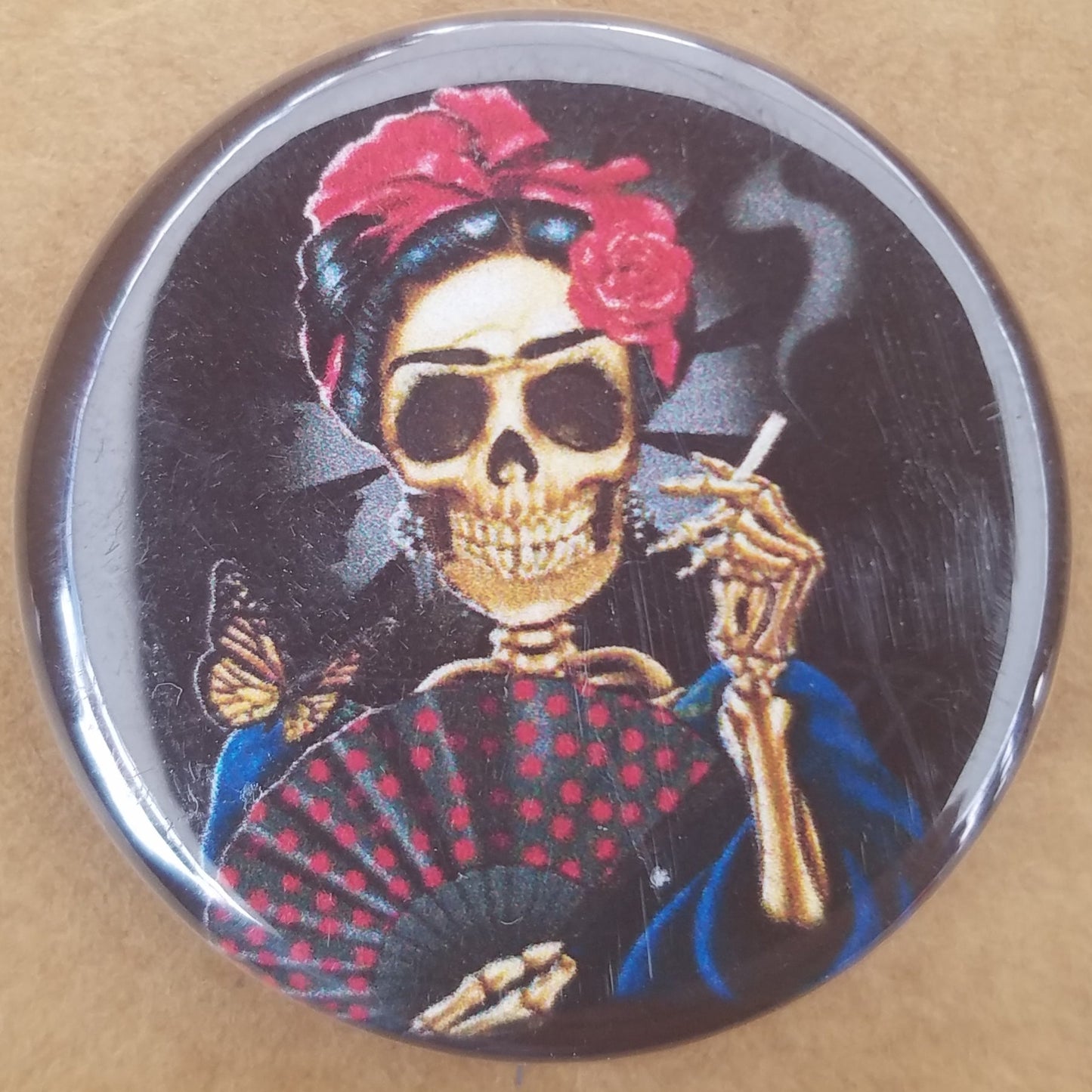 new skeleton button set of 5 fashion buttons are 1.25 inches in size Set Includes Frida Kahlo Smoking Skull Frida Kahlo Sugaskull Skull Skeleton Couple Back To Back Color Chartreuse Skeleton Couple Drinking Zombie Heart Hands drinking collection buttons pinback