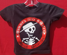 Load image into Gallery viewer, new social distortion mommys little monster infant silkscreen t-shirt available in 6 12 18 24 months unisex music kids infant girl boy apparel baby toddler tops regular shirts
