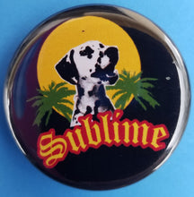Load image into Gallery viewer, new sublime button set of 5 fashion buttons are 1.25 inches in size Set Includes Sublime Black With Green Sublime Black With Sun Sublime Sun On White Sublime LBC Orange On Black Sublime With Lou Dog music pinback
