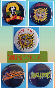 new sublime button set of 5 fashion buttons are 1.25 inches in size Set Includes Sublime Black With Green Sublime Black With Sun Sublime Sun On White Sublime LBC Orange On Black Sublime With Lou Dog music pinback
