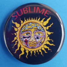 Load image into Gallery viewer, new sublime button set of 5 fashion buttons are 1.25 inches in size Set Includes Sublime Black With Green Sublime Black With Sun Sublime Sun On White Sublime LBC Orange On Black Sublime With Lou Dog music pinback
