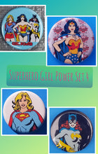 Load image into Gallery viewer, new superhero girl power button set of 4 fashion buttons are 1.25 inches in size Set Includes Wonder Woman Standing Pose Superwoman Girl Power Batwoman usa tv superhero movie girl dc comics cartoon buttons america pinback
