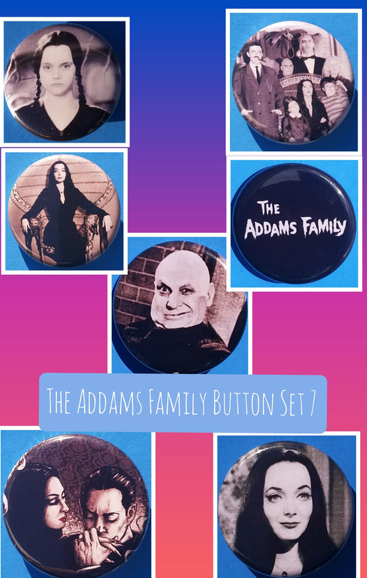 new the addams family button set of 7 fashion buttons are 1.25 inches in size Set Includes Group Picture The Addams Family Logo Morticia Gomez Morticia In A Chair Morticia Up close Uncle Fester Wednesday vintage hollywood movie collection tv pinback